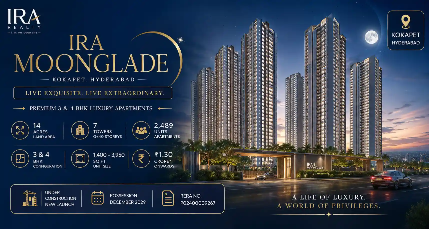 Aerial view of IRA Moonglade Kokapet luxury apartment towers and greenery