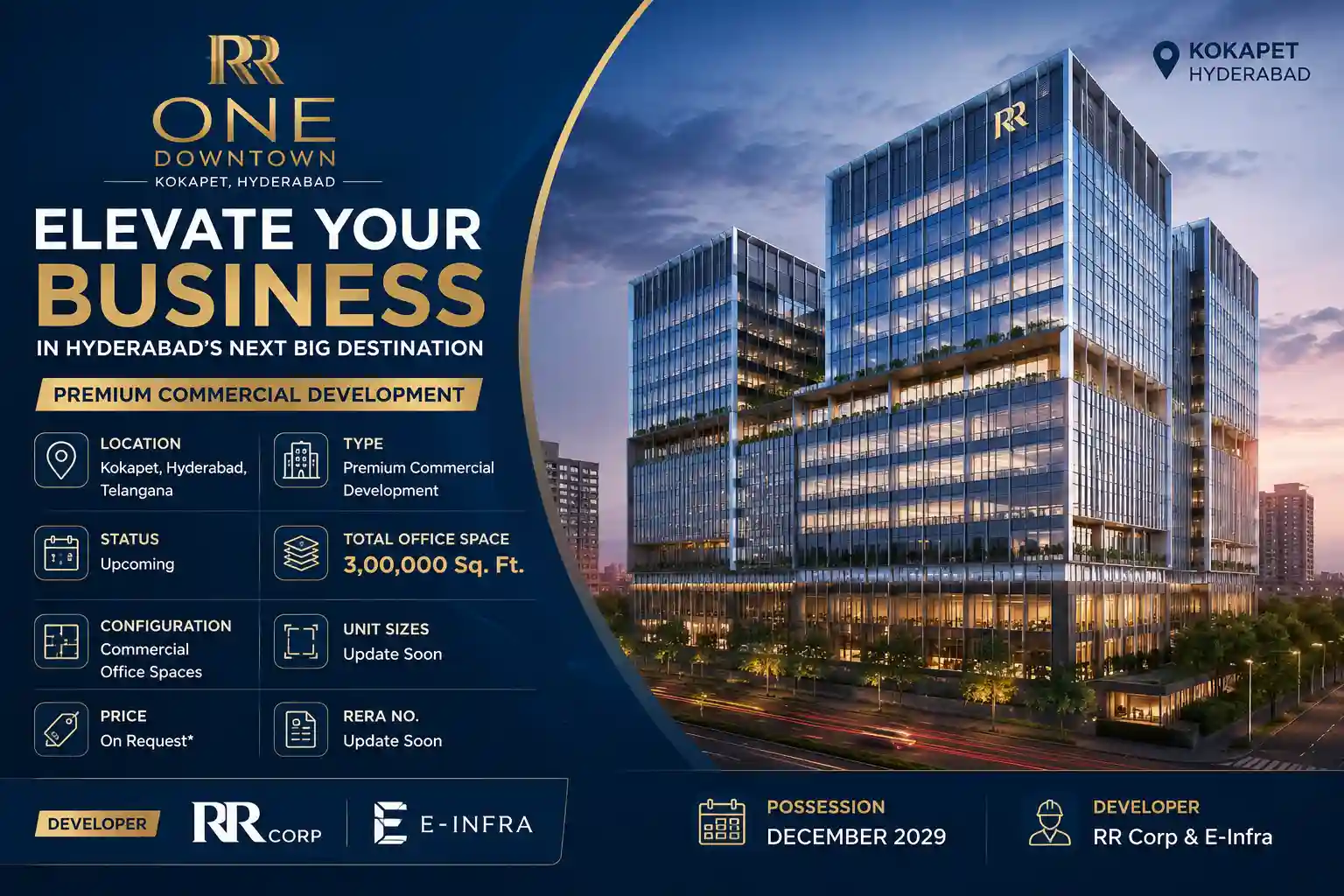 Premium commercial office building at RR One Downtown Kokapet with modern architecture