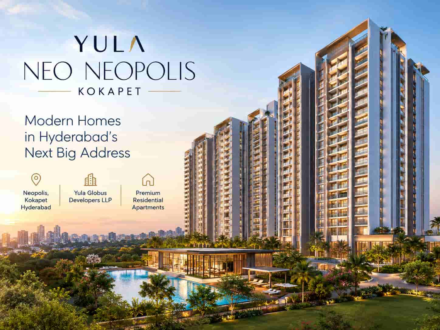 Artist impression of Yula Neo Neopolis luxury high-rise residential complex in Kokapet, Hyderabad